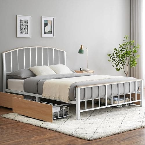 GarveeHome Queen Bed Frame, Metal Platform Bed with Headboard | Sturdy Metal Queen Bed Frame with Headboard ,4 Underbed Storage Drawers,No Box Spring Needed thumbnail 2