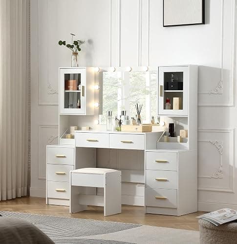 FOREST GRAVITY 58.3'' Large Vanity with Folding Up Mirror and Lights,Makeup Vanity Desk with Mirror and Lights,Outlet, Chair and Two Makeup Organizers,Dressing Table for Bedroom,White - Image 1