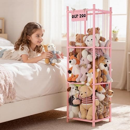 LAMU Stuffed Animal Storage, Wooden Zoo Stuffed Animal Holder with Elastic Cords, Space Save Toy Organizer, Extra Large Capacit Stuffed Animal Organizer for Playroom, Bedroom, Nursery, Pink thumbnail 2