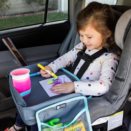 J.L. Childress 3-IN-1 Kids Travel Tray & Tablet Holder - Car Seat Lap Tray Desk for Toddlers, Road Trip Essentials, Car Seat Activity Table, Travel Accessories - Grey/Teal thumbnail 2
