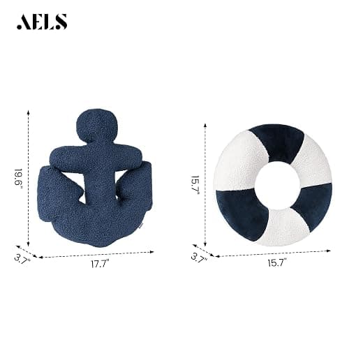 AELS 3D Anchor & Lifebuoy Nautical Decorative Throw Pillows, 19.6"& 15.7" Set of 2, Coastal Decor for Beach Enthusiasts Beach House, Sofa Couch Living Room Bedroom and Nursery, Navy Blue and White thumbnail 2