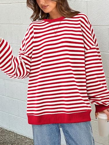 PRETTYGARDEN Womens Striped Oversized Sweatshirt Color Block Crew Neck Long Sleeve Casual Loose Pullover Top Y2K Clothes thumbnail 2