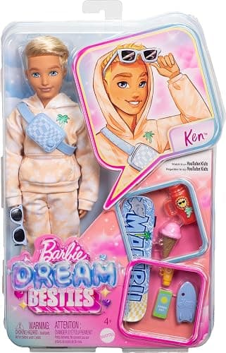 Barbie Dream Besties Doll and Accessories, Ken Posable Fashion Doll with Removable Fashions & Blonde Hair, 9 Summer & Skateboard Themed Pieces thumbnail 7
