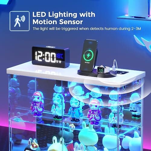 Dystler Lighted Clear Glass Display Case - for Figures & Collectibles, Small 2-Tier Display Cabinet with Charging Station, LED Display Box with Lights & Human Sensor, for Model Car, Perfume, White thumbnail 7