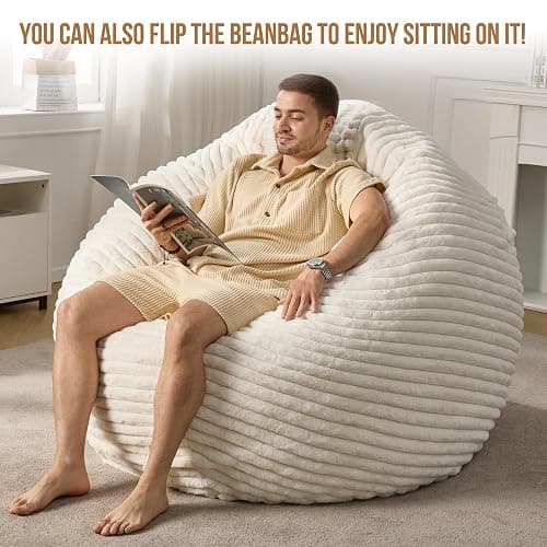 Hobestluk Adult Bean Bag Chair Giant Beanbag with Filling Living Room 6FT | White Giant Big Oversized Bean Bag Chair Memory Foam Filling Machine Washable Fluffy Cover Bedroom Dorm Reading Gaming Kids thumbnail 3