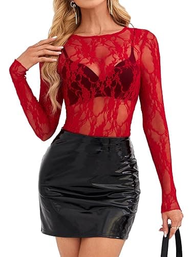 OFEEFAN Womens Mesh Tops Lace Long Sleeve Shirts Crewneck Slim Fitted Outfits See Through Blouses - Image 1