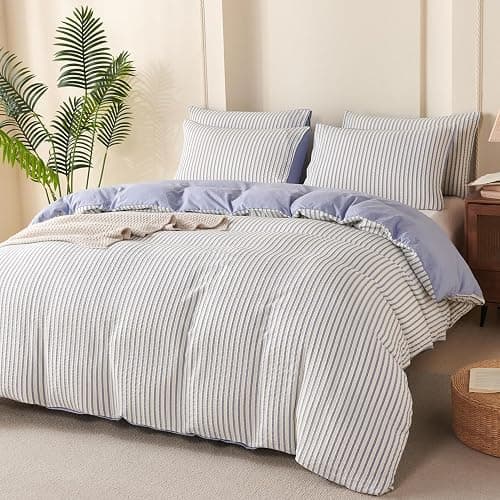 TISPLR Striped Comforter Queen Blue Soft Luxury Washed Microfiber Jacquard 3 Pieces Bedding, White Blue Vertical Ticking Stripes Pattern Comforter with 2 Pillowcases Breathable Durable Comfy thumbnail 8