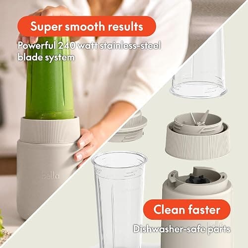 bella 6 Pcs Portable Rocket Blender, Juicer & Smoothie Maker, Press & Twist Design, EverGood™ & BPA Free Dishwasher Safe Parts, 4 Tip Stainless Steel Blade, Cord Wrap, 240 Watt Motor, Oatmilk thumbnail 6