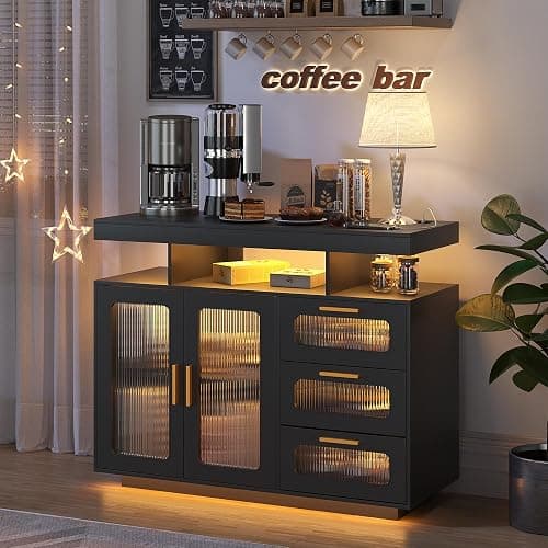 HWB Coffee Bar Cabinet with Storage, Buffet Sideboard with RGB Light, Modern Coffee Bar Table with Charging Station, Black - Image 1