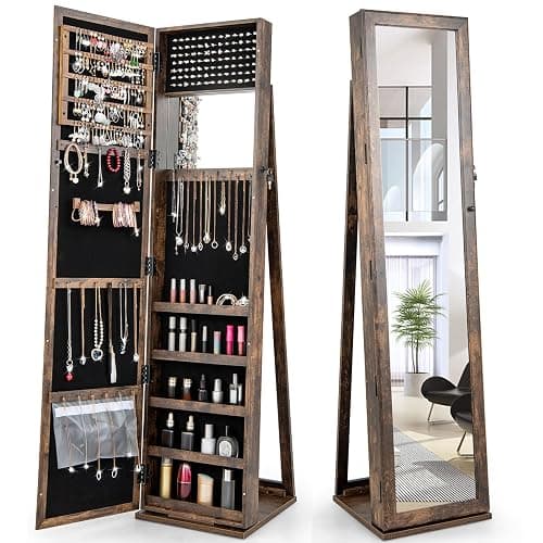 CHARMAID Jewelry Armoire with Full Length Mirror, Lockable Standing Jewelry Cabinet Organizer with Large Storage Capacity, Inside Makeup Mirror, Stable Base, Easy Assembly (Rustic Brown) - Image 1