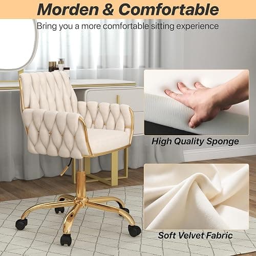 Gentlemoods Velvet Home Office Chair, Modern Height-Adjustable Vanity Chair with Golden Base and Hand-Woven Backrest for Bedroom/Study/Vanity (Beige) thumbnail 6