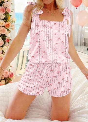 Ekouaer Womens Silk Pajama Set Bow Tie Knot Tank Top Satin Pjs Sets for Bridal Party 2 Piece Cami Shorts Sleepwear S-XXL thumbnail 3