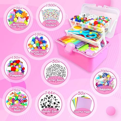 3000 Arts and Crafts Supplies for Kids Craft Kit Craft Box with Pipe Cleaners Arts and Crafts for Kids Age 4-6, 6-8, 8-12 DIY School Supplies Materials Set Toys Gifts for Girls Boys Toddlers, Red thumbnail 3