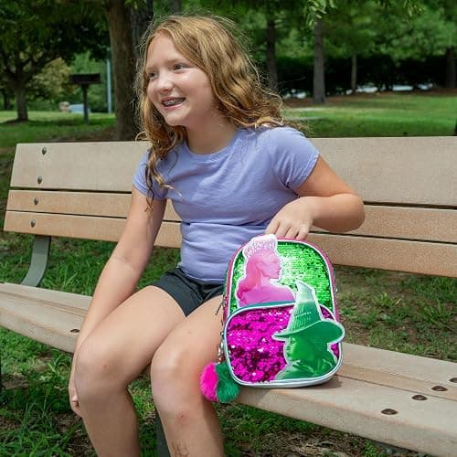 AI ACCESSORY INNOVATIONS Wicked 9” Micro Mini Backpack Purse Featuring Glinda & Elphaba 3D Character Patches, Shiney Sequins, & Pompom Dangle thumbnail 2