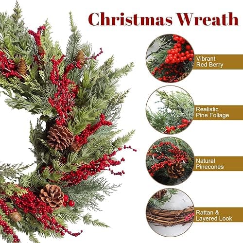Yinder 20 Inch Christmas Wreath with LED Lights Red Berry Pinecones | 9.8ft LED String, Artificial Pine Cedar with Pinecones, For Holiday Front Door Porch Wall Fireplace Indoor Outdoor Home Decor thumbnail 3