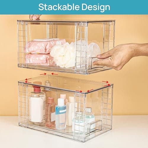 Vtopmart 2 Pack Large Stackable Storage Drawers,Clear Acrylic Drawer Organizers with Handles, Easily Assemble for Bathroom,Kitchen Undersink,Cabinet,Closet,Makeup,Pantry organization and Storage thumbnail 4