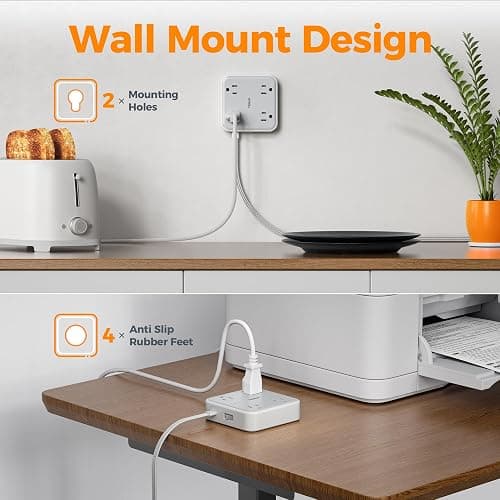 TESSAN Surge Protector Flat Extension Cord 5Ft, Flat Plug Power Strip with 4 Outlets 3 USB Ports (1 USB C), 900 Joules Protection, Multiple Wall Outlet Extender Suitable for Home Office Dorm, Grey thumbnail 8