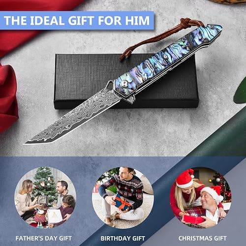 DRACHENADER Damascus Pocket Knife, 8.97" Tanto Folding Knife Handmade Forged VG10 Core 67-Layer Damascus Steel with Abalone Seashell Handle, Leather Sheath thumbnail 6