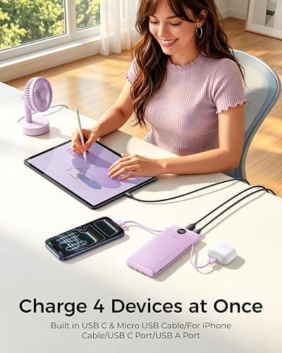 VEGER Portable Charger Power Bank with Built-in AC Plug and Cables, All in One 10000mAh Ultra Slim Travel Essentials, Fast Charging Battery Pack Compatible with iPhone, Samsung, Android, Purple thumbnail 3