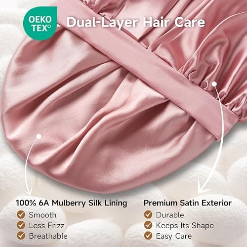 Umisleep 22 Momme Silk Lined Bonnet for Sleeping Women, Double Layer, Large | 100% Mulberry Silk for Long Curly Hair, Reduce Frizz, Soft Adjustable Band Hair Bonnet, Stay on All Night Sleep Cap, Pink thumbnail 2