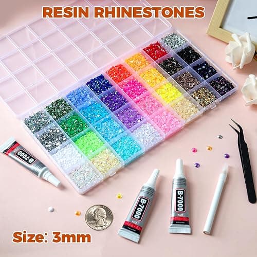 42000Pcs 32 Colors Jelly Rhinestones for Bedazzling, 3mm Resin Flatback Gems for Diamond Art, Bedazzler Kit with 3Pcs B7000 Jewelry Glue for Crafting Bedazzled Book Shoes Nail thumbnail 2