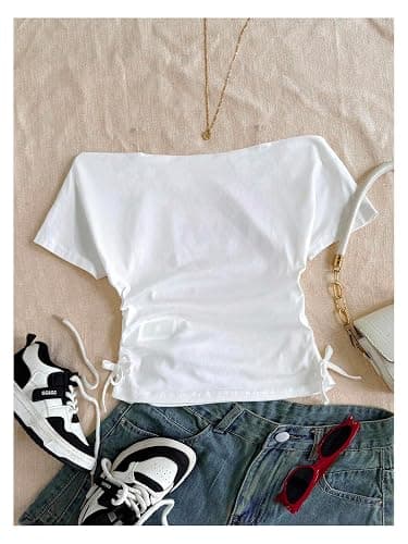 RoseSeek Girl's Off The Shoulder Letter Graphic Tees Short Sleeve Ruched Bowknot T Shirts Cute Crop Tops thumbnail 2