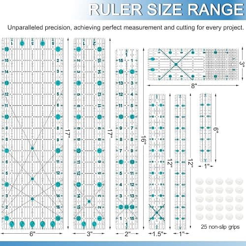 HLZC Quilting Ruler, Sewing Ruler, 8 Pack, Acrylic Quilting Templates(6"x17", 3"x17", 2"x16", 1.5"x12", 1"x12", 1"x6", 8"x3"), Non Slip Rings 25 Pieces, Sewing and Quilting Supplies - Clear/Blue thumbnail 2