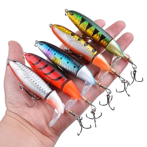 Whopper Fishing Lure for Bass, 5pcs Popper Lures Plopper Floating Pencil Bait with Rotating Tail Treble Hooks for Pike Catfish Bass Saltwater Freshwater thumbnail 5