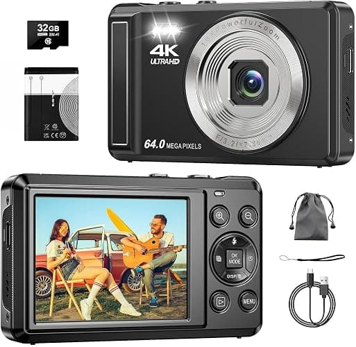 4K Digital Camera, 2.8 Inch 64MP UHD Compact Camera with 32GB Card, 1200mAh Battery, 16X Digital Zoom Mini Autofocus Vlogging Camera for Kids, Beginners, Teenagers - Image 1