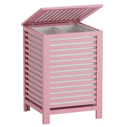 SMIBUY Double Laundry Hamper with Lid, 120L Bamboo Laundry Basket with Removable Liner Bag, 2-Section Clothes Divider Laundry Sorter for Laundry Room, Bathroom, Bedroom (Pink) - Image 1