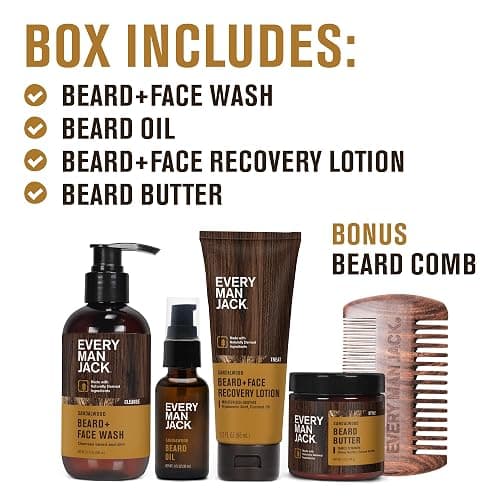 Every Man Jack Men's Sandalwood Beard Set - Perfect for Every Guy - Five Grooming Essentials For a Complete Routine - Beard + Face Wash, Beard + Face Lotion, Beard Oil, Beard Butter, and Beard Comb thumbnail 3