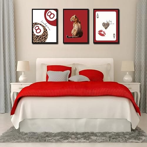 Framed Trendy Leopard Wall Art Set of 3, Red Funky Preppy Cheetah Wall Decor Paintings, Lucky 8 Aesthetic Room Decor Prints Pictures for Girls Bedroom Apartment Dorm 12x16 Inch Black Frame thumbnail 9