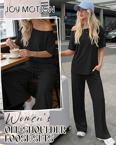JoyMotion Women’s 2 Piece Lounge Sets Off Shoulder Oversized Matching Outfit Short Sleeve Tops Casual Wide Leg Pant Set thumbnail 4