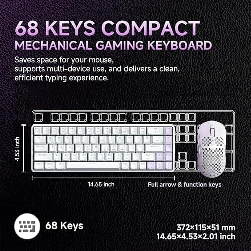 DIERYA DK68 Wireless Mechanical Keyboard, 60% Gaming Keyboard with Red Switch, Triple Mode 2.4GHz/USB-C/BT5.0, RGB Backlit, Anti-Ghosting Keys, 68 Keys Portable Mini Wired Office Keyboard-White thumbnail 3