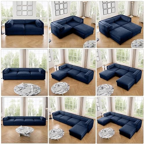 HUMEHA Oversized Modular Sectional Sofa, 142.5" Chenille U-Shaped Sofa with Cylindrical Backrest & Armrest, Modern Comfy 4-Seat Sofa with 2 Ottoman, Upholstered Deep Seat Couch for Living Room, Blue - 4-Seat + 2 Ottoman - Blue thumbnail 7