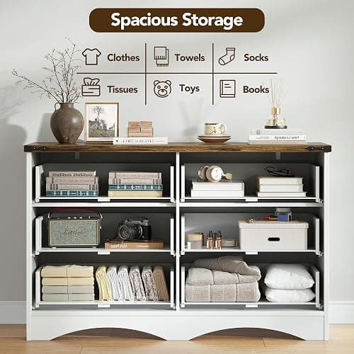 Decofy 47" Farmhouse 6-Drawer Dresser for Bedroom, Pure White + Walnut | Bar Handles, Rustic Wood Design, Large Storage Drawers, For Bedroom, Living Room, Hallway, And Entryway thumbnail 5