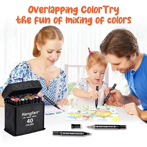 hangfan Art Markers, for Adult Coloring Books No Bleeding,40 Colors Dual Tip Alcohol Markers Brush Tip,Give 1 White Highlighter,1 Tracing Pen,Anime Coloring Sketch Illustrations (Black Pen Container) thumbnail 2