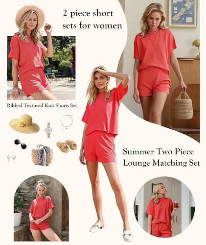 MARZXIN Women 2 Piece Shorts Set 2026 Casual Summer Cruise Outfits Ribbed Loose Short Sleeve Pocket Matching Lounge Sets thumbnail 3