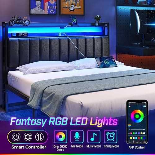 Rolanstar Headboard for Full Size Bed with Storage, 60,000 DIY Color of LED Light, Head Board with USB & Type C Port, Height Adjustable, Black Upholstered Cabeceras de Cama Comfortable Modern, Leather thumbnail 4