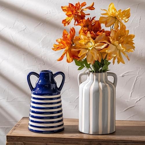 Ceramic Grey and White Checkered Stripes Vase with Handles, Hand-Painted Modern Minimalist Bohemian Floral Vases Home Decor, Cottage Core Decor, Flower Vase for Bouquet Mantle Kitchen Bookshelf 9.1 In thumbnail 6