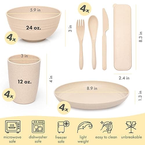 FOODLE Wheat Straw Dinnerware Set - BPA Free & Safety Tested - Unbreakable, Microwave & Dishwasher Safe Dishes - Picnic, RV, Dorm, Camping Plates Cups and Bowls - Great for Kids & Adults - For 4 thumbnail 3