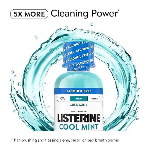 Listerine Cool Mint Alcohol-Free Mild Mouthwash, Oral Rinse Kills 99.9% of Germs that Cause Bad Breath, Less Intense Taste, Mild Mint Flavor, 3.2 fl. oz thumbnail 4