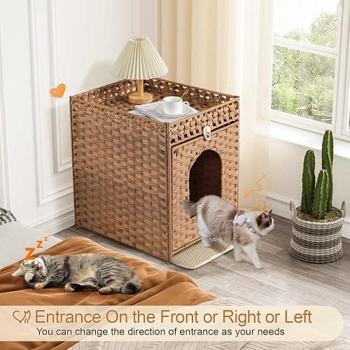 Snughome Cat Litter Box Enclosure Furniture Hidden with Litter Mat, Hidden Washroom Furniture with Door, Handwoven Rattan Cat Washroom Box, Indoor Pet House for Living Room, Bedroom(Natural) thumbnail 3
