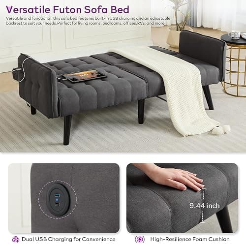 TYBOATLE 65“ Convertible Futon Sofa Bed w/ 2 USB, Upholstered Tufted Small Adjustable Folding Couch Loveseat, Modern Mid Century Sleeper Sofa for Living Room, Bedroom, Apartment, Office (Dark Grey) - Dark Grey thumbnail 6
