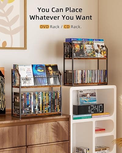 TJ.MOREE 2 Tier 56 Capacity DVD Rack/Storage/Holder and Vinyl Record Storage, Industrial Retro Carbon Steel/Wood, Space Saving Desktop Organizer thumbnail 5