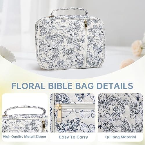 Bible Cover Case for Women Large Bible Cover with Durable Handle Quilted Bible Carrying Case for Girls Bible Study Supplies Accessories (Big Blue Flower, Big Blue Flower) thumbnail 5