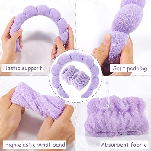 Zkptops Spa Headband for Washing Face Wristband Set Sponge Makeup Skincare Headband Terry Cloth Bubble Soft Get Ready Hairband Women Girl Puffy Padded Headwear Non Slip Thick Hair Accessory(Purple) thumbnail 5