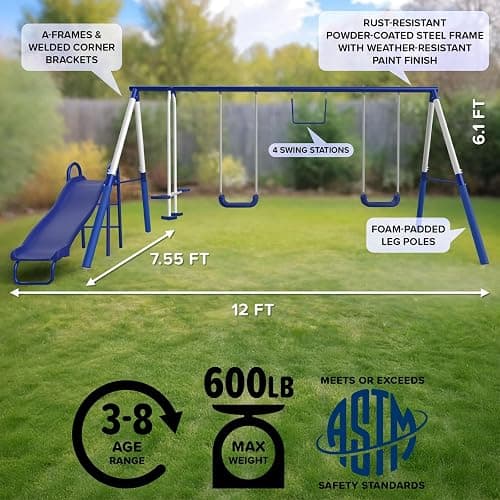 Sportspower Arcadia Metal Swing Set for Kids – Trapeze, 2-Person Glider, 5ft Slide, Anchor Kit, 6.1ft Durable Steel Frame – Outdoor Backyard Playset with 600 lbs Capacity thumbnail 2