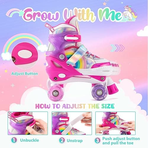 SULIFEEL Rainbow Unicorn 4 Size Adjustable Light up Roller Skates for Girls Boys for Kids thumbnail 3