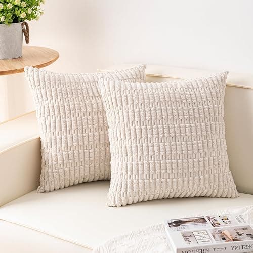 Aegero Pack of 2 Corduroy Decorative Throw Pillow Covers 18x18 Inch Soft Striped Pillow Covers Modern Farmhouse Home Decor for Sofa Living Room Couch Bed(Cream White) - Image 1